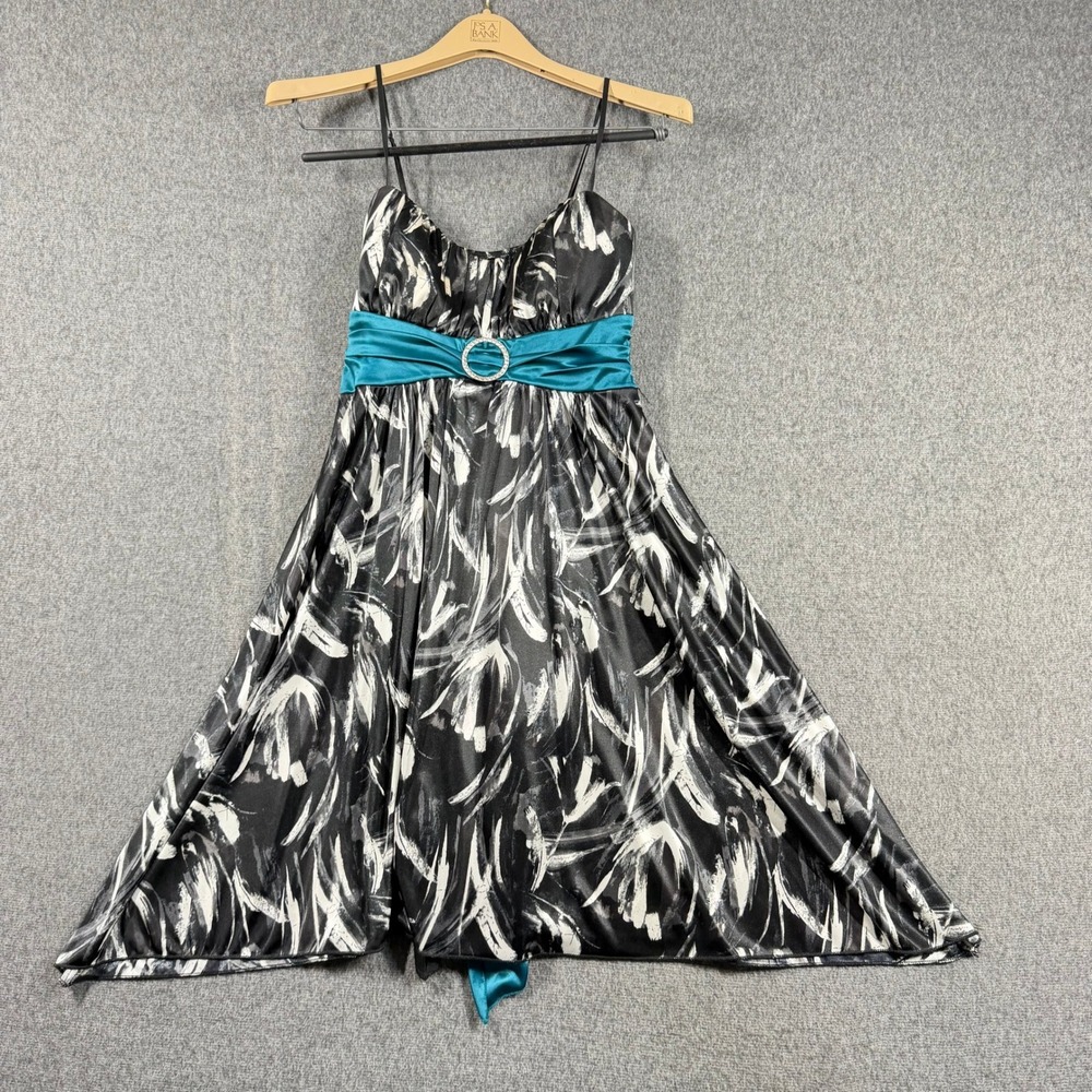 Y2K Ruby Rox Womens Abstract Print Teal Sash Rhinestone Buckle‎ Party Dress M